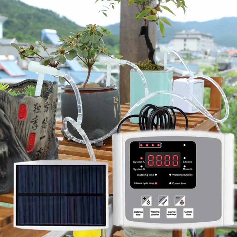 Smart Garden Herb - อุปกรณ์รดน้ำหยดพลังงานแสงอาทิตย์อัตโนมัติ ปั๊มคู่ วาล์วปรับได้ ระบบตั้งเวลาควบคุมอัจฉริยะ สำหรับรดน้ำสวน